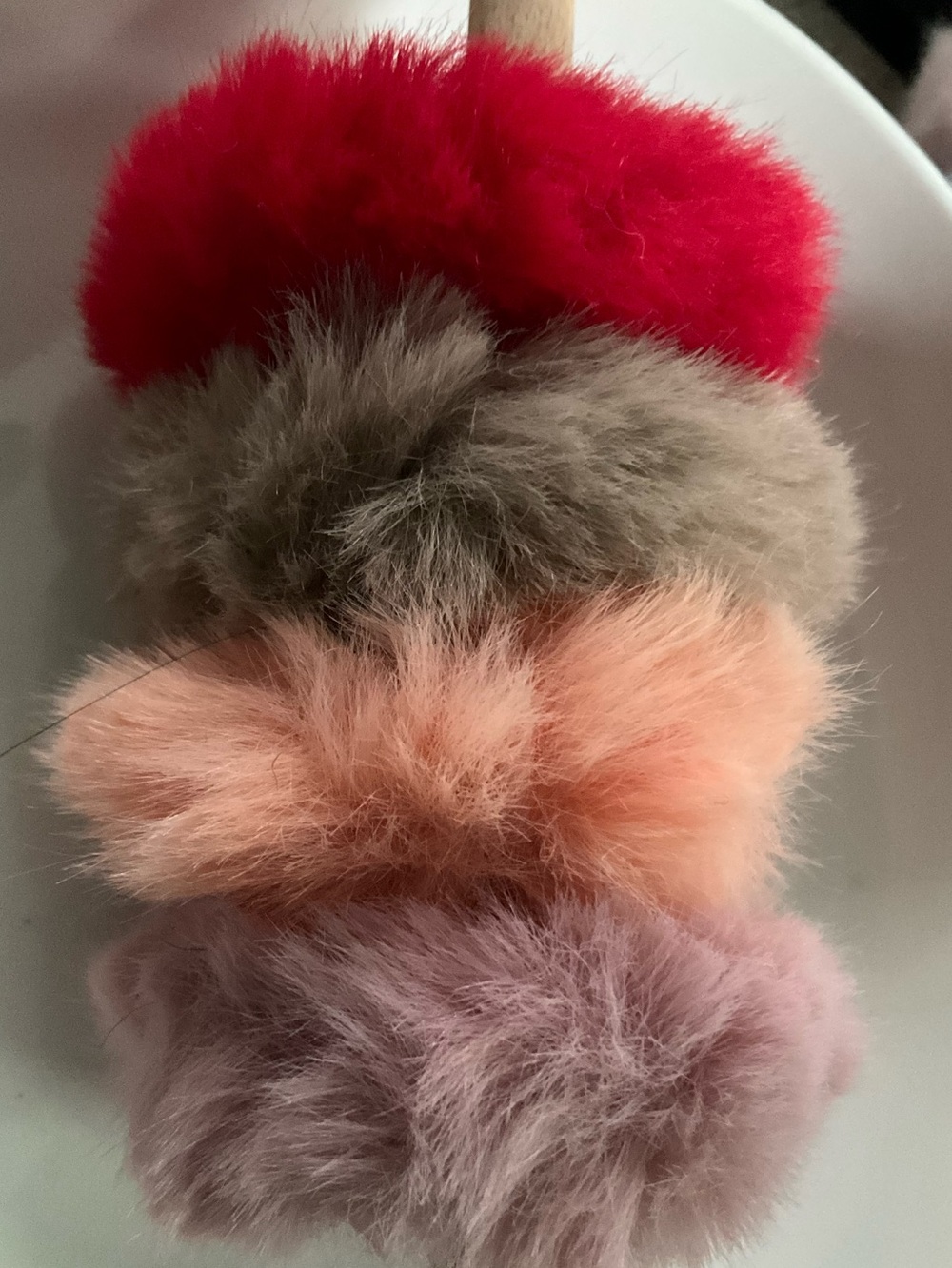Set of 4 Fluffy Faux Fur Hair Scrunchies - Pink, Red, Taupe, Peach - Picture 3 of 7